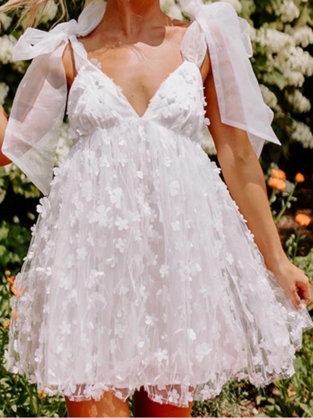 White Floral Appliqué Chantilly Tied Shoulder White Mini Dress